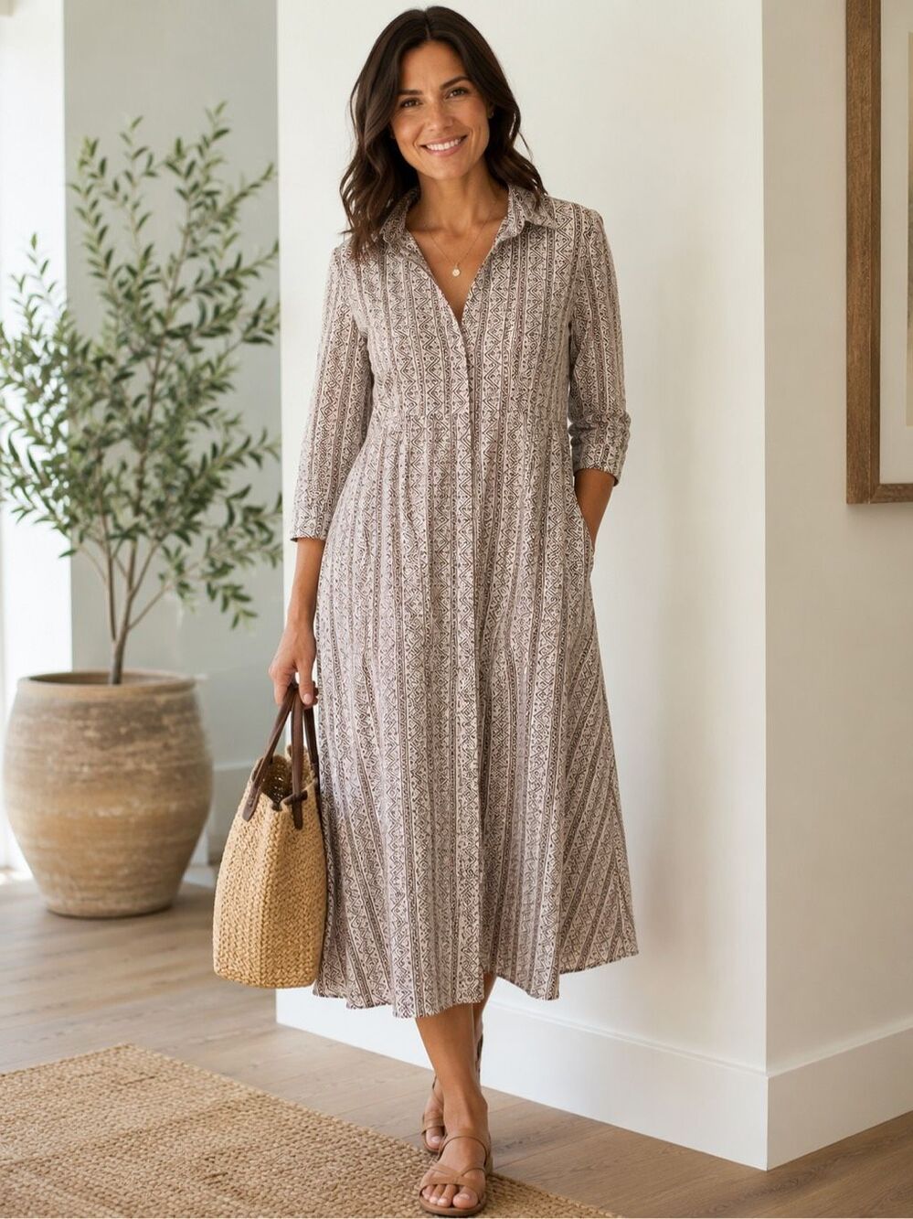 Julia Amory Shirt Dress Button front Pockets 100% Cotton Brown White